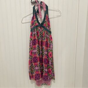 Y2K Pink and Green Floral and Denim Babydoll Halter Dress